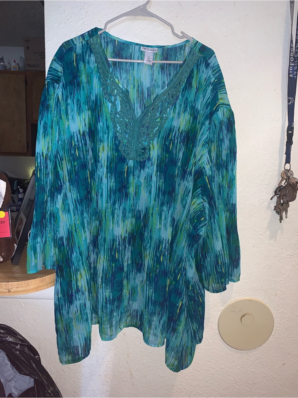 Catherines Teal & Blue Patterned V-Neck Blouse